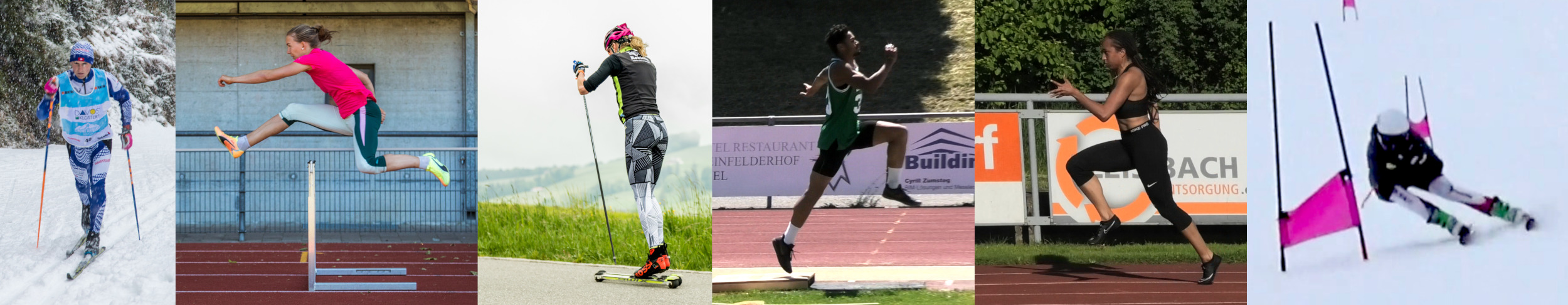 Collage of athletes in sports that our system supports: cross-country skiing, alpine ski racing, biathlon, track and field, sprint running, hurdles